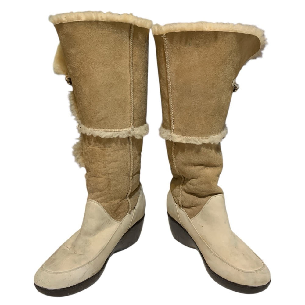 Sperry Beige Real Sheep Wool Trim Leather Upper Hook Buckle Winter Wedge Boots